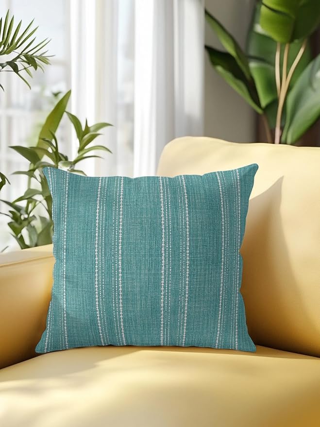 Waterproof Outdoor Pillow 1 Pack Teal Linen Stripes Decorative Throw Pillows Cover & Insert 18x18 Inch Pillowcase Parallel Vertical Lines Pillows for Couch Sofa Bed Patio Furniture Indoor Outdoor