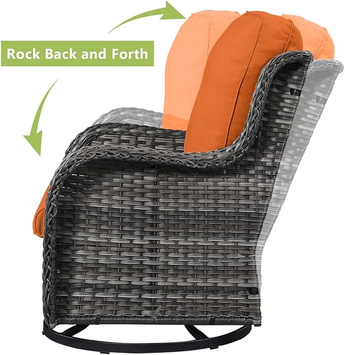 HUMMUH 3-Piece Swivel Rocking Rattan Chair Outdoor, Patio Bistro Furniture Conversation Set, Cushioned Wicker Chair with Glass Coffee Table(Grey, Orange)