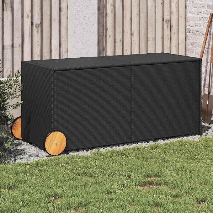 Garden Storage Box with Wheels, 74.8 Gallon Large Outdoor Deck Box, Rectangular Synthetic Poly Rattan Storage Chest for Patio Furniture Cushions and Gardening Tools, Black