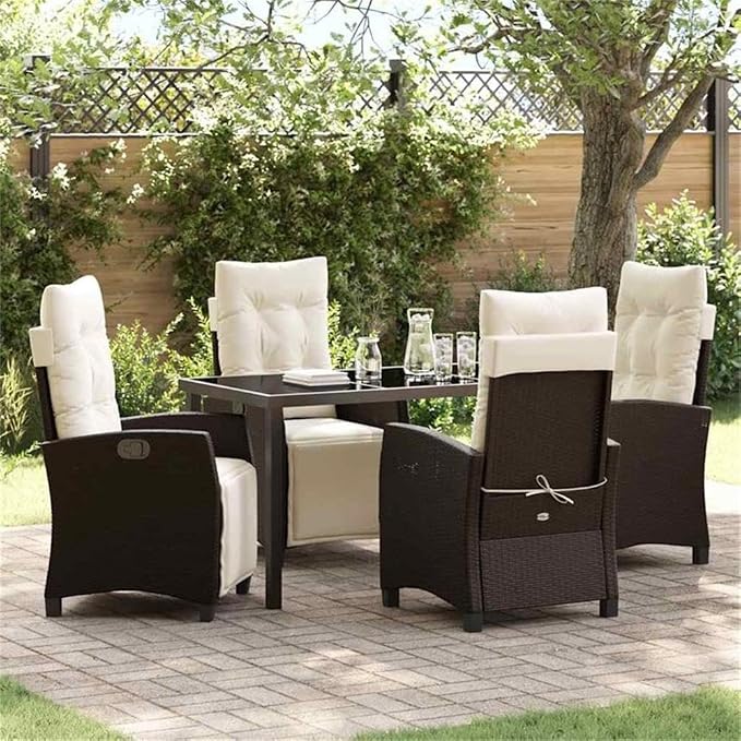Afuera Living 5 Piece Poly Rattan Garden Dining Set, Brown Woven Texture, Cushioned Chairs, Glass-Topped Table, Steel Frame, Modern Patio Furniture for Outdoor Dining, Garden, Terrace, Summer Use