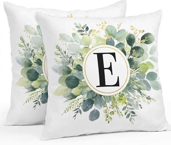 Letter E Waterproof Outdoor Pillow Covers Set of 2 Home Decor, Alphabet Green Eucalyptus Leaves Pillowcase Patio Pillow Covers for Couch Bench Patio Furniture Garden 16x16in