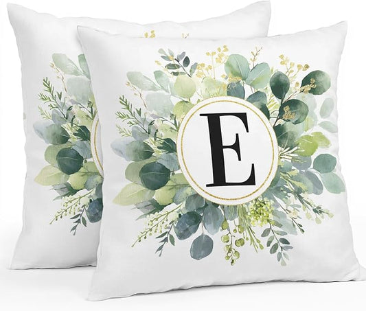 Letter E Waterproof Outdoor Pillow Covers Set of 2 Home Decor, Alphabet Green Eucalyptus Leaves Pillowcase Patio Pillow Covers for Couch Bench Patio Furniture Garden 16x16in