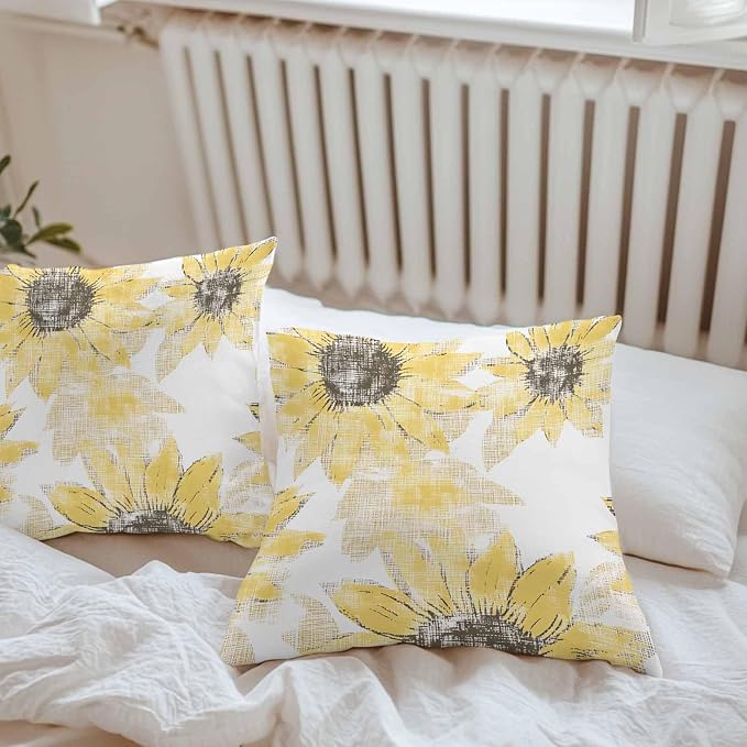 Vandarllin Outdoor Throw Pillows Covers 20x20 inch Set of 2 Waterproof Yellow Sunflower Decorative Zippered Cushion Covers for Patio Furniture, Flower Field Lumbar Pillowcases