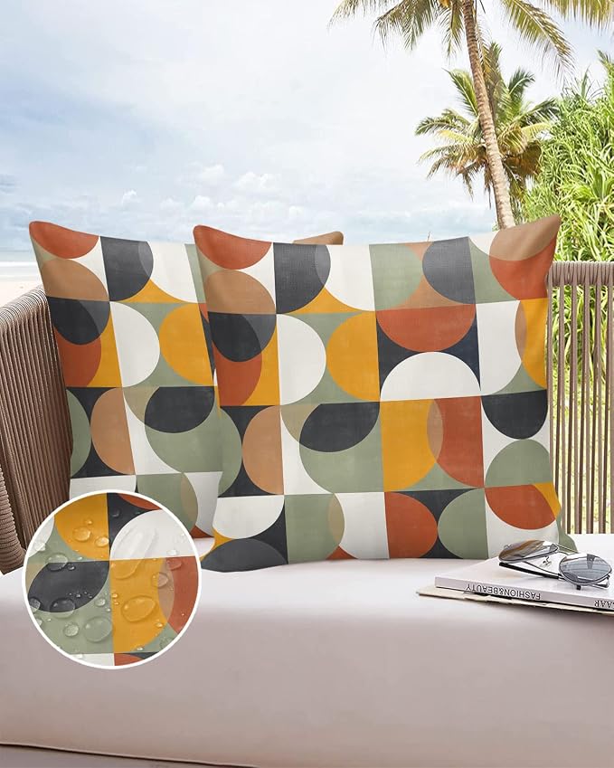Outdoor Throw Pillow Covers Waterproof Pillow Cases 20x20In,Mid Century Abstract Geometric Color Block Decorative Pillow Covers Cushion Cases for Couch Sofa Patio,2 Pack Nordic Style Circle Modern Art