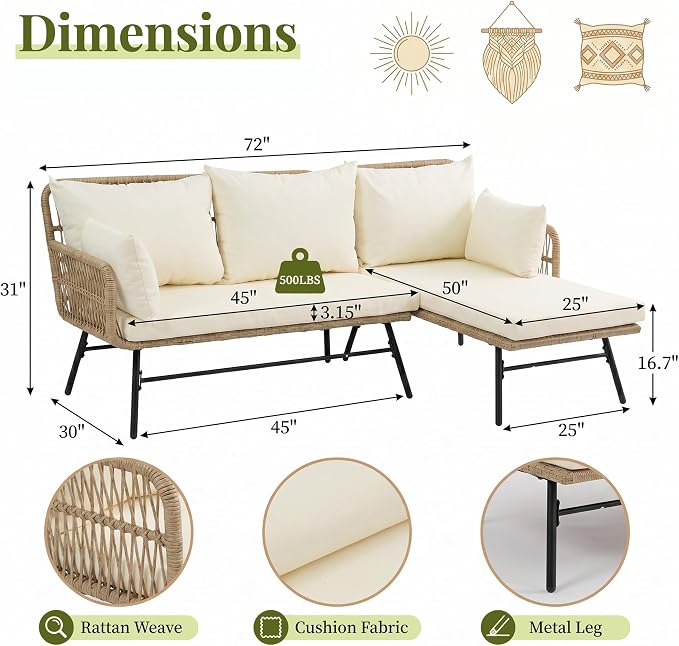 RADIATA 3 Pieces Boho Patio Furniture Set with Comfortable Cushion, Wicker Outdoor Sectional Sofa, L-Shape Lounge Conversation Set for Balcony Porch Backyard Deck, Beige