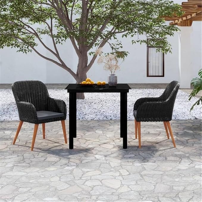 BOWERY HILL 3-Piece Garden Patio Dining Set, Black/Dark Gray Finish, Weather-Resistant Materials with Cushioned Seats, Contemporary Style Outdoor Furniture for Balcony, Terrace, or Garden Use
