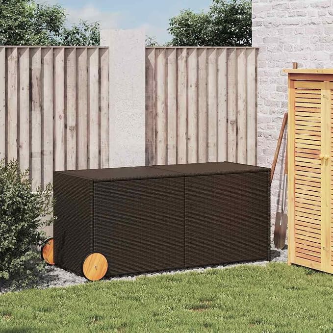 Poly Rattan Garden Storage Box with Water-Proof Bag, 2 Wheels and Powder-Coated Steel Frame for Patio Cushions and Blankets