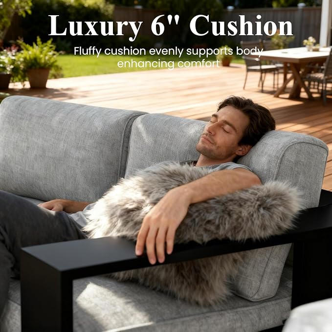 LayinSun Oversized Aluminum Outdoor Furniture Set, 4 Piece Patio Sofa Sets with Fire Pit Table, Deep Seating and Upgraded 6-inch Cushions for Porch, Balcony, Deck