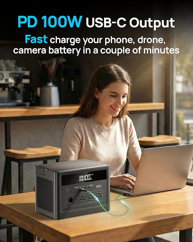 DARAN Portable Power Station 600W (1200W Peak), 576Wh LiFePO4 Solar Generator, Fast Charging Backup Battery with 3 AC Outlets, 100W USB-C PD for Camping, RV, CPAP, Home Emergency
