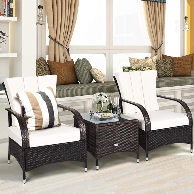 Tangkula 3-Piece Patio Conversation Set, Ourdoor Wicker Furniture Set, Rattan Coffee Table & Chairs Set with Cushions, Outdoor Conversation Set for Garden Balcony Backyard (Cream)