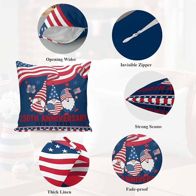 250th Anniversary Outdoor Pillow Covers 16"x16" Set of 2, Patriotic Gnome USA Flag Independence Day Waterproof Throw Pillow Covers for Patio Furniture, Decorative Cushion Covers for Porch