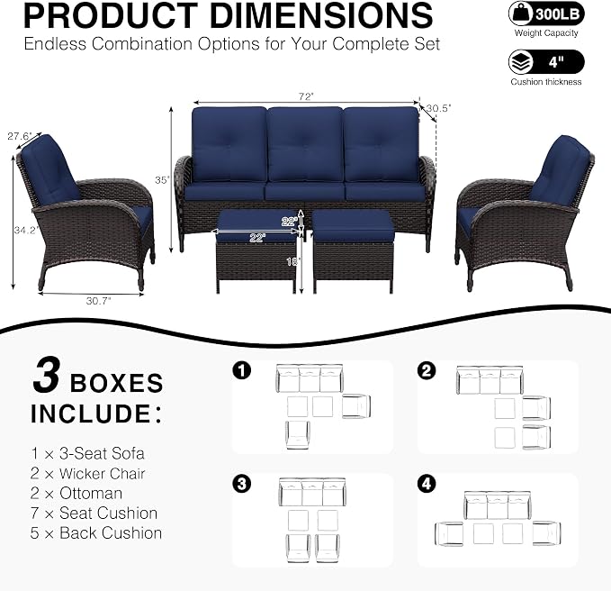 Joyside Wicker Patio Furniture Set, 5 Piece Outdoor Furniture Set with Thickened Cushions, High Back, Deep Seating, Wide Armrest, Rattan Outdoor Chairs for Porch, Deck