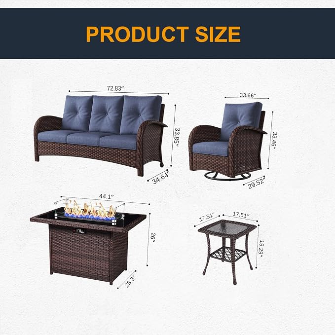 7 Pieces Outdoor Wicker Patio Swivel Rocking Chairs, All Weather Wicker Conversation Set with 44" Fire Pit Table