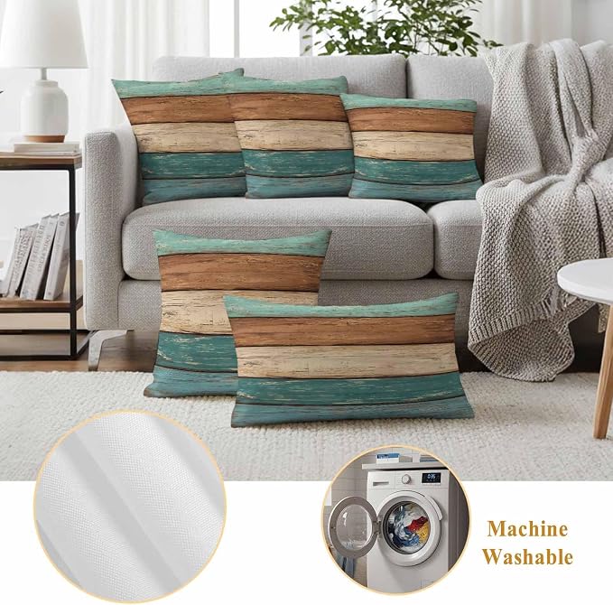 Outdoor Throw Pillows Covers 12X20 Set of 2 Waterproof Teal Turquoise Green Brown Decorative Zippered Cushion Covers for Patio Furniture, Farmhouse Retro Rustic Barn Wood Texture Lumbar Pillowcases