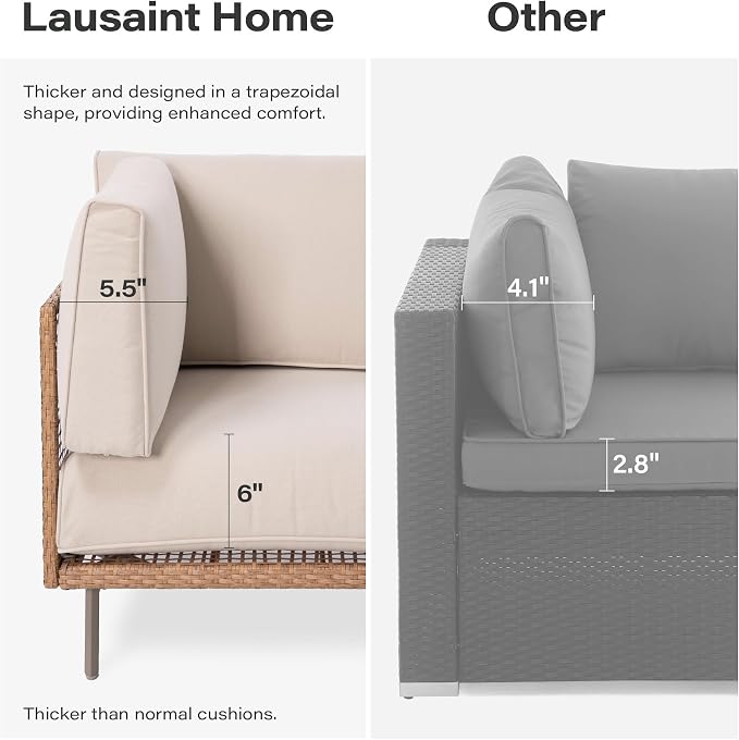 LAUSAINT HOME 7-Piece Outdoor Patio Furniture Set, Wicker Outdoor Conversation Set PE Rattan Sectional Sofa with Washable Cushions and Tempered Glass Table for Garden (Beige)