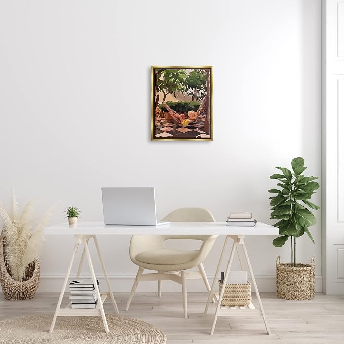 'Woman Lounging Hammock Tropical Summer'| Floating Frame Canvas Art | Stupell Industries | Gold, 17 x 21 Inches, Easy to Hang and Sturdy, Made in USA, by Amelia Noyes