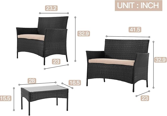 PayLessHere Patio Furniture Sets 4 Pieces Outdoor Indoor Use Rattan Chairs Wicker Conversation Sets for Backyard Lawn Porch Garden Balcony,Black