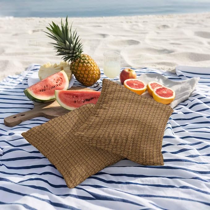 Outdoor Waterproof Throw Pillow Covers Set of 2 Brown Rattan Pillowcases 18x18 Inches Vintage Striped Lines Decorative Pillows Cushion Case Patio Pillows for Couch Bed Chair Garden