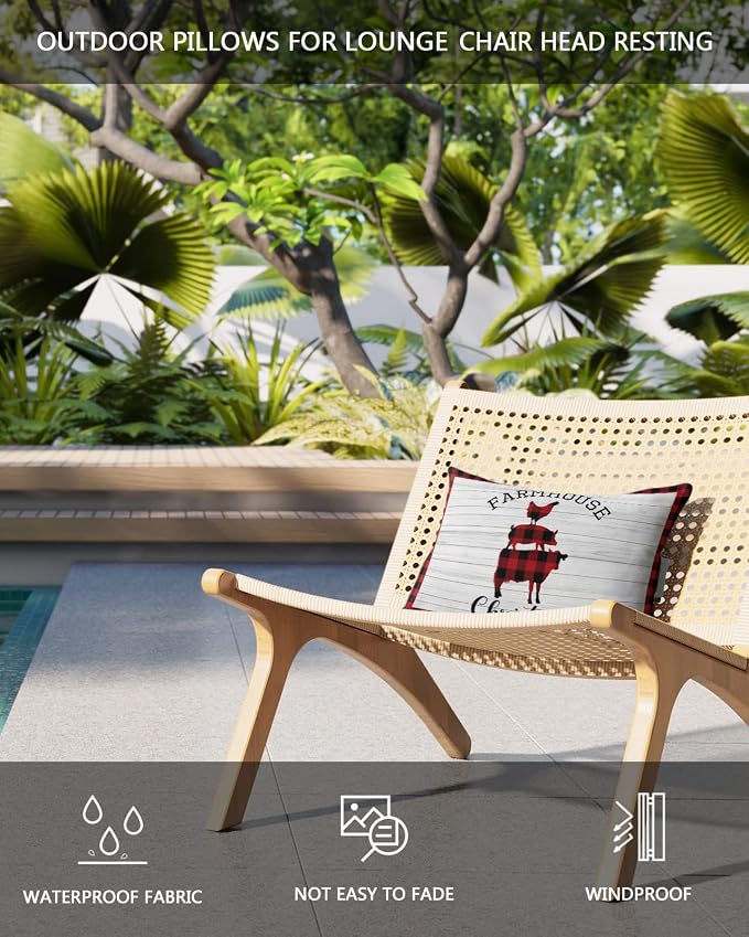 Outdoor Pillows Covers with Inserts Farmhouse Christmas Pig Cock Cow Buffalo Plaid Waterproof Pillow with Adjustable Strap Throw Pillows for Patio Furniture Recliner Lounge Chair, 11x16 inch, 2PCS