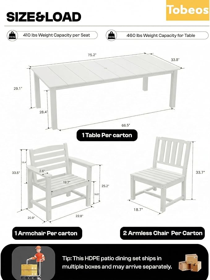 7-Piece Outdoor Dining Set with Aluminum Frame for 6,White | HDPE material, 2" umbrella hole, patio table and chairs, ideal for yard, lawn, garden, balcony, deck, poolside