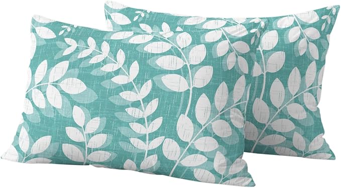 Teal Green Leaves Outdoor Waterproof Throw Pillow Covers 20x12 Set of 2, Farmhouse Botanical Branch Vintage Boho Leaf Decorative Pillowcases Cushion Pillowcase for Couch Sofa Patio Pillow Protector