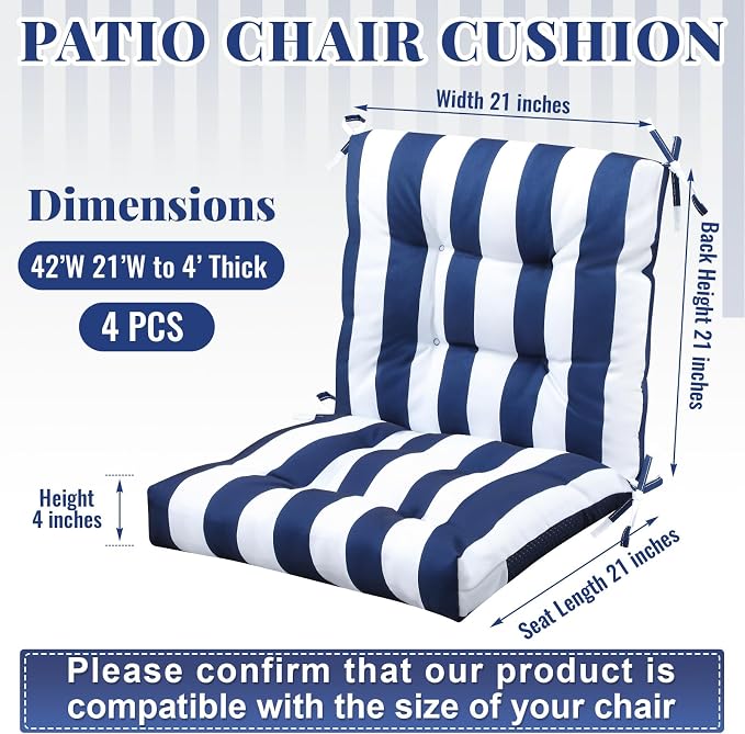 Marsui 4 Pcs Outdoor Indoor High Back Chair Cushions Patio Furniture Tufted Pillow with Ties Water-Resistant Replacement Outdoor Rocking Chair Cushions, 42 x 21 Inches (Blue White Stripes,Stripes)