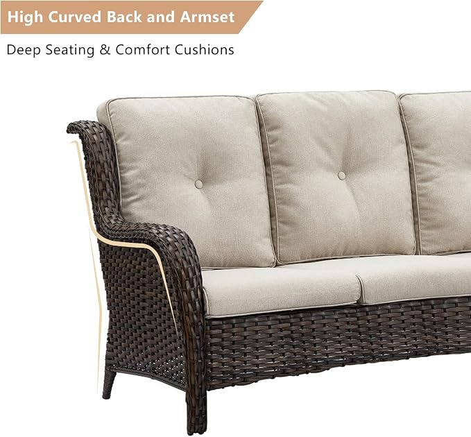 HUMMUH Patio Furniture with Fire Pit 4-Piece Wicker Outdoor Sectional Couch and Swivel Rocking Chairs, Propane Fire Pit Conversation Set for Garden, Backyard, Deck