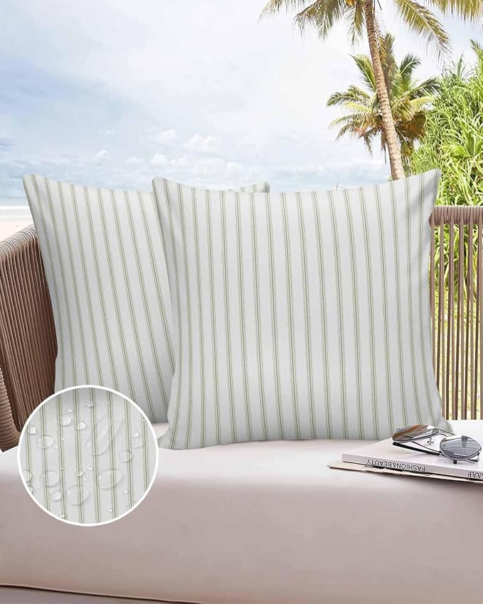 Outdoor Waterproof Throw Pillow Covers Set of 2 Sage Green Stripes Pillowcases 20x20 Inches Vertical Striped Patio Decorative Pillows Cushion Case Patio Pillows for Couch Bed Chair Garden