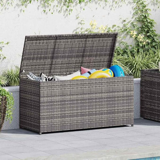 Gray Outdoor Storage Box 47.2"x19.7"x23.6" PE Rattan Patio Storage Chest with Lining for Blankets, Pillows, and Cushions
