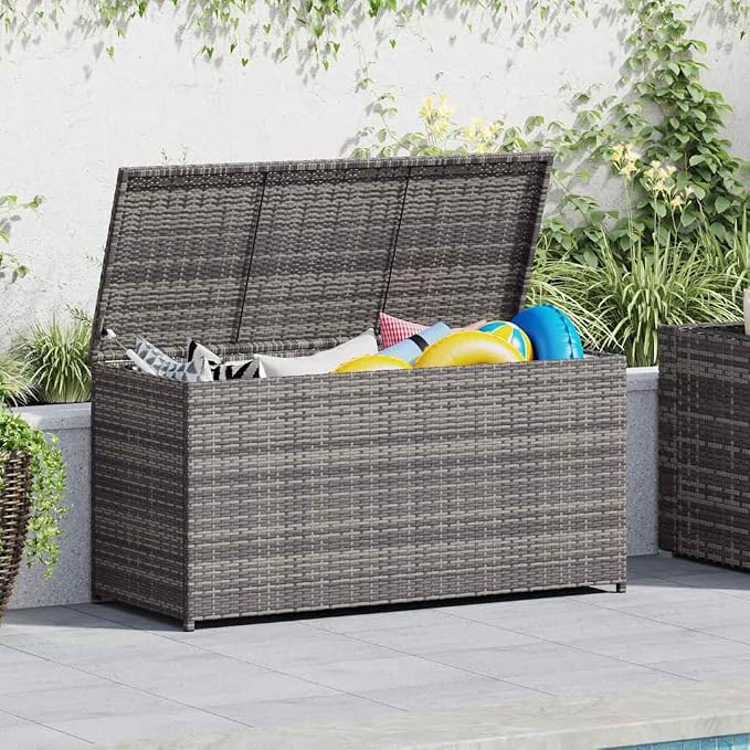 Outdoor Storage Box, Large Rectangular Deck Chest, Weather-Resistant Garden Organizer for Patio, Cushions, Blankets and Pillows, Grey Poly Rattan