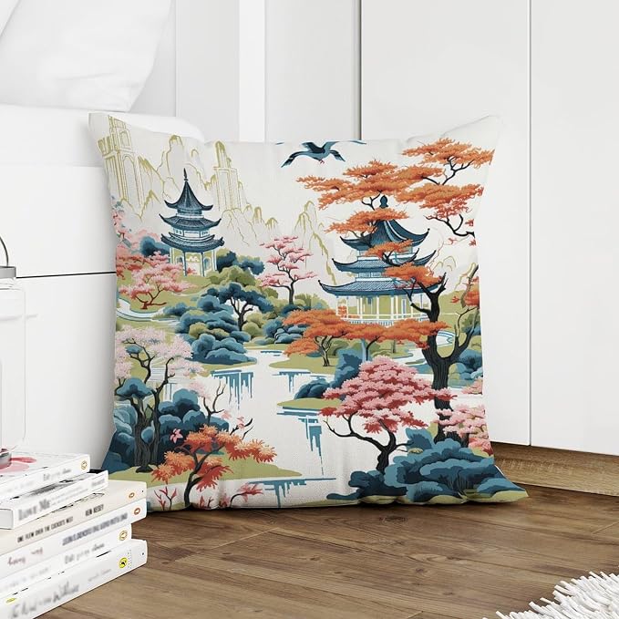 Chinoiserie Pagoda White Coral Blue Cushion Cases Chinoiserie Chic Asian Throw Pillow Cover Abstract Outdoor Waterproof Decorative Pillow Cover for Patio Furniture Garden 22x22 in