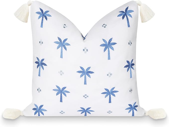 Hofdeco Premium Coastal Patio Indoor Outdoor Pillow Cover Only, 20"x20" Water Repellent for Backyard, Couch, Cornflower Blue Embroidered Coconut Tree Tassel