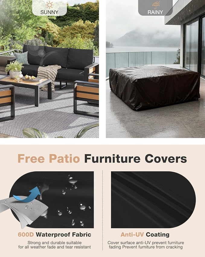Aoxun Aluminum Patio Furniture Set, 5 Piece Luxury Outdoor Sectional with 6" Olefin Fabric Cushions, Patio Conversation Sets with Coffee Table and Waterproof Cover for Backyard, Porch Dark Grey