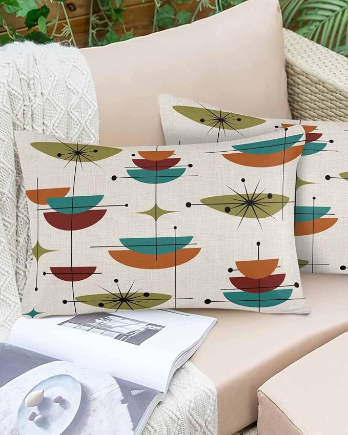 Vandarllin Outdoor Throw Pillows Covers 20x12 inch Set of 2 Waterproof Boho Mid Century Decorative Zippered Cushion Covers for Patio Furniture, Turquoise Orange Geometric Abstract Lumbar Pillowcases