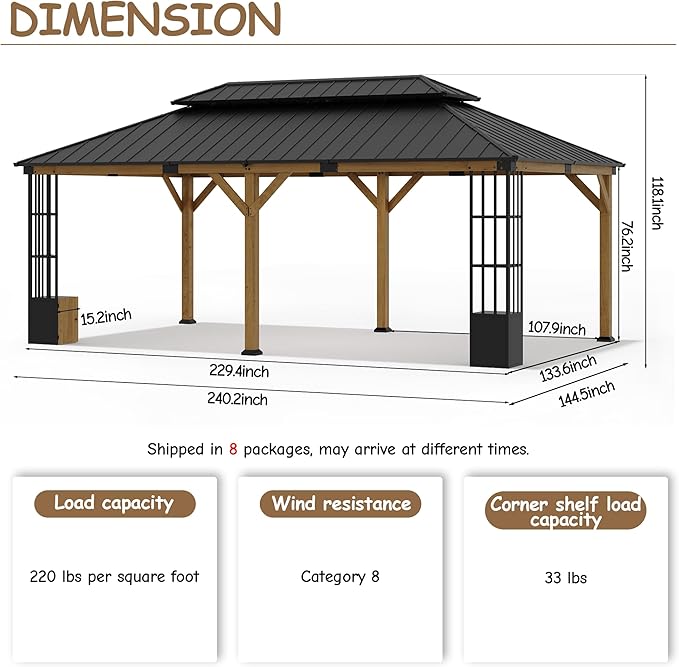 12' x 20' Hardtop Gazebo,Outdoor Cedar Wood Frame Permanent Pavilion with Double Galvanized Steel Roof,Pergola with Lockers & Storage Racks for Patio Lawn Backyard Deck