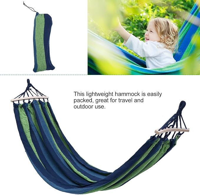 VANZACK Outdoor Travel Hammock Extra Wide Blue Striped Canvas Hammock 190x100cm Portable Camping Hiking Swing for Garden Patio Backyard Use