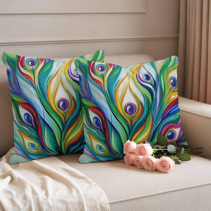 Outdoor Waterproof Pillow Covers 16x16Inch Peacock Feathers Colorful Gradient Throw Pillowcases for Patio Garden Couch Sofa Vibrant Abstract Art Decorative Cushin Case,Pack of 2