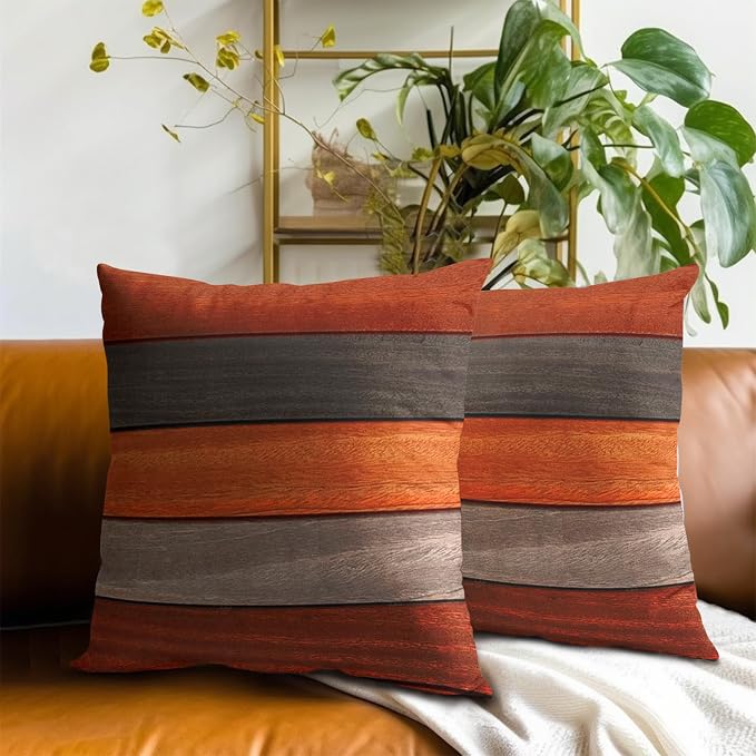 Fall Throw Pillow Covers Set of 2, Rustic Wood Board Style Decorative Cotton Pillow Cases for Couch Bed Sofa Home Autumn Season Decoration 20x20 Inches