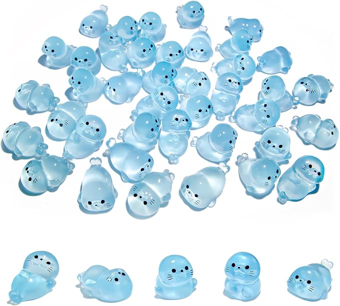 40Pcs Glow in Dark Mini Resin Seal Figurines - 5 Styles Luminous Sea Animals for Terrarium Decor, Fairy Garden, Aquarium, Small Resin Animals with Storage Box