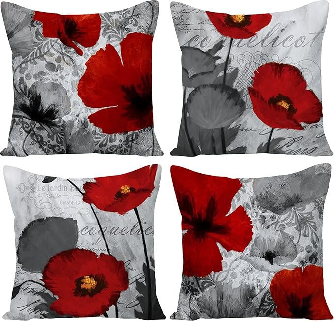 Black Red Flower Pillow Covers Love Pillow Covers Decorative Linen Square Throw Pillow Covers Couple Cushion Cases Home Decor for Sofa Bedroom Car 16x16Inch