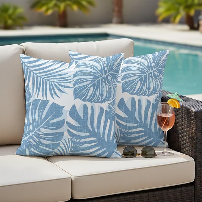 Coastal Blue Palm Leaves Outdoor Pillow Covers 24"x24" Set of 2, Tropical Botanical Minimalist Modern Waterproof Throw Pillow Covers for Patio Furniture, Decorative Cushion Covers for Porch