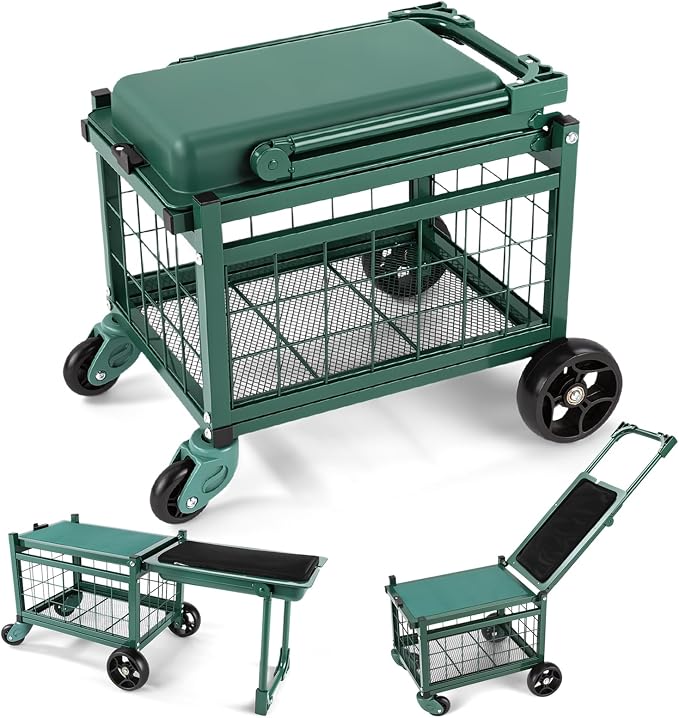 Garden Cart with Seat and 360° Swivel Wheels, Rolling Garden Work Seat with Workbench, Metal Storage Basket, and Tool Bag, Heavy Duty Gardening Carts and Wagons for Seniors