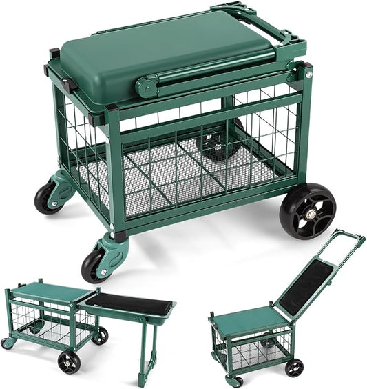 Garden Cart with Seat and 360° Swivel Wheels, Rolling Garden Work Seat with Workbench, Metal Storage Basket, and Tool Bag, Heavy Duty Gardening Carts and Wagons for Seniors