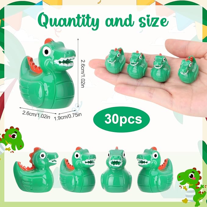 30 Pcs Dinosaur Ducks, Mini Dinosaur Resin Ducks Bulk, Fun Printed Toy Figures for Birthday Party Favors, Themed Decor, Kids Gift Collection (Green Dinosaurs)