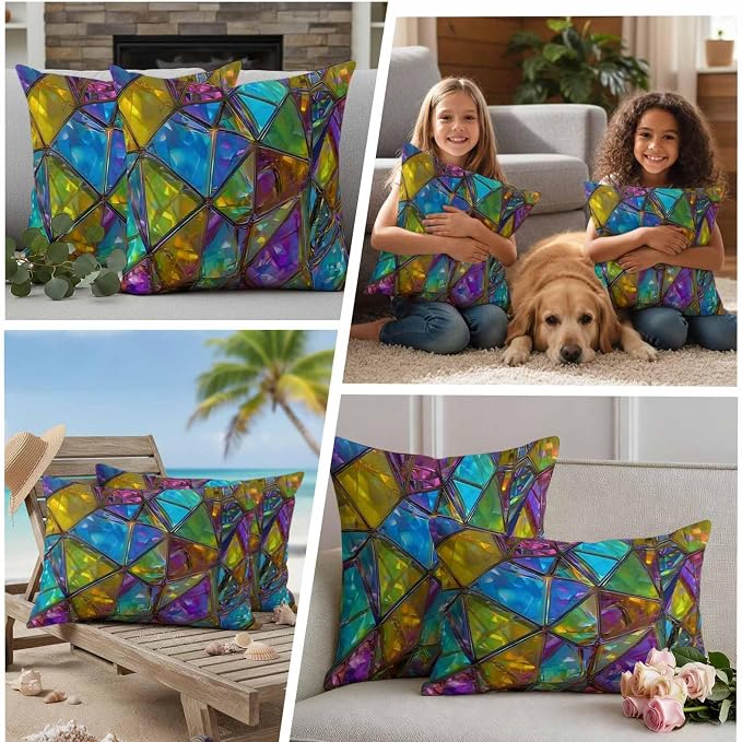 Abstract Geometric Outdoor Waterproof Pillow Covers Set of 2, Rainbow Gradient Crystal Color Blocks Modern Pillowcase Decorative Throw Cushion Cases for Patio Garden Couch 20 x 12 Inches