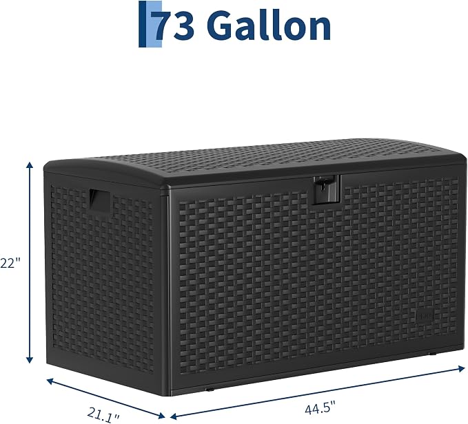 73 Gallon Waterproof Large Resin Deck Box Indoor Outdoor, Lockable Storage Container for Patio Furniture Cushions, Throw Pillows, Garden Tools, and Pool Floats, Black