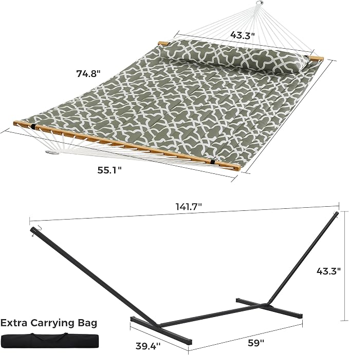 SUPERJARE Hammock with Stand, 2 Person Quilted Outdoor Hammock, Detachable Pillow & Bamboo Spreaders, Portable with Carrying Bag, Heavy Duty Stand, Perfect for Outside, Patio, Grey with White Flower