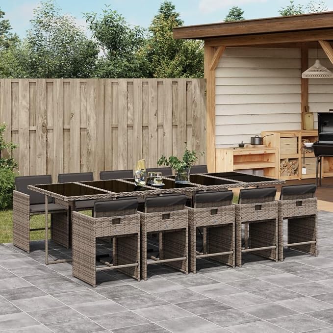 11-Piece Patio Dining Set Gray Poly Rattan with Cushions & Tempered Glass Table, Outdoor Furniture Set for Garden Backyard Balcony Porch