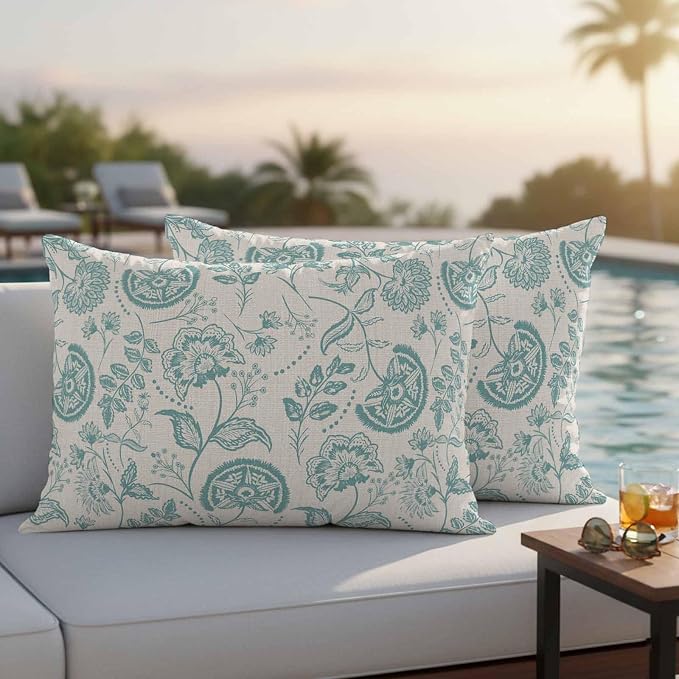 Outdoor Pillow Covers 20x12 Set of 2, Turquoise Spring Floral Waterproof Patio Throw Pillow Covers for Couch Sofa Chair, Farmhouse Retro Summer Botanical Decorative Pillowcases for Throw Pillows