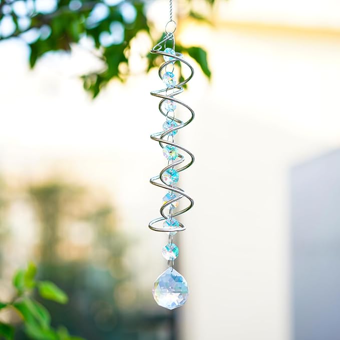 20.5in Crystal Gazing Ball Spiral Wind Spinner Garden Decor | Colorful Crystal Suncatcher with Octagonal Beads Spiral Tail Rainbow Maker Hanging for Indoor Outdoor Garden Patio Yard Decor
